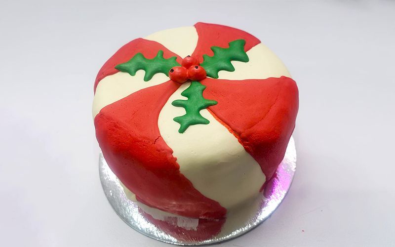 festive christmas cake adorned with red and white icing showcasing a traditional holiday design